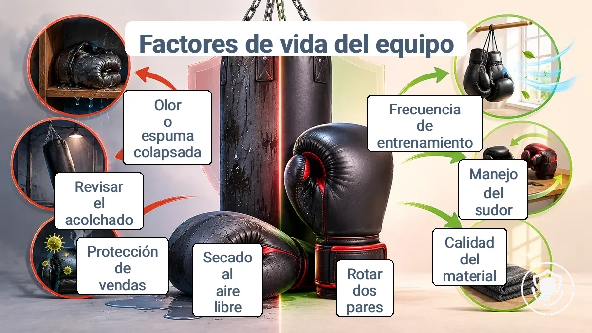 Infografía de rangos de vida útil para equipo de boxeo para principiantes que muestra factores que acortan o extienden la durabilidad
