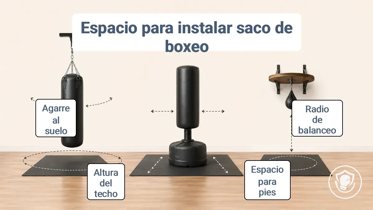 Diagrama que muestra los requisitos de espacio libre para diferentes configuraciones de saco de boxeo en casa