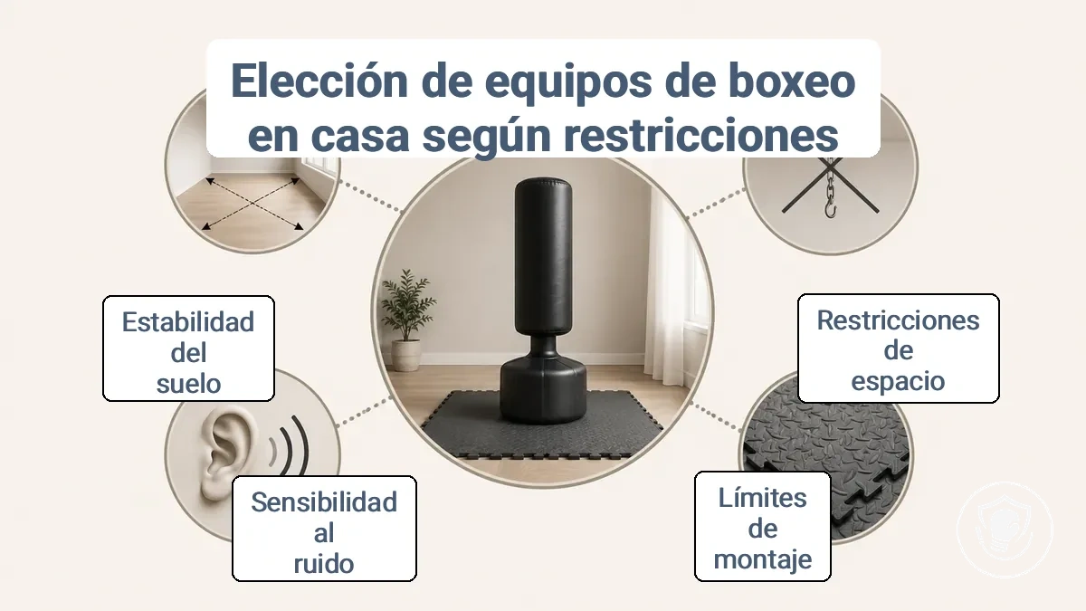 Elecciones de equipo de boxeo en casa afectadas por el espacio, límites de montaje, ruido y estabilidad del suelo