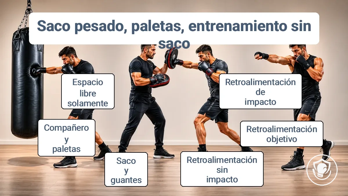 Diagrama comparativo de la retroalimentación y requisitos del entrenamiento con saco, manoplas y sin saco