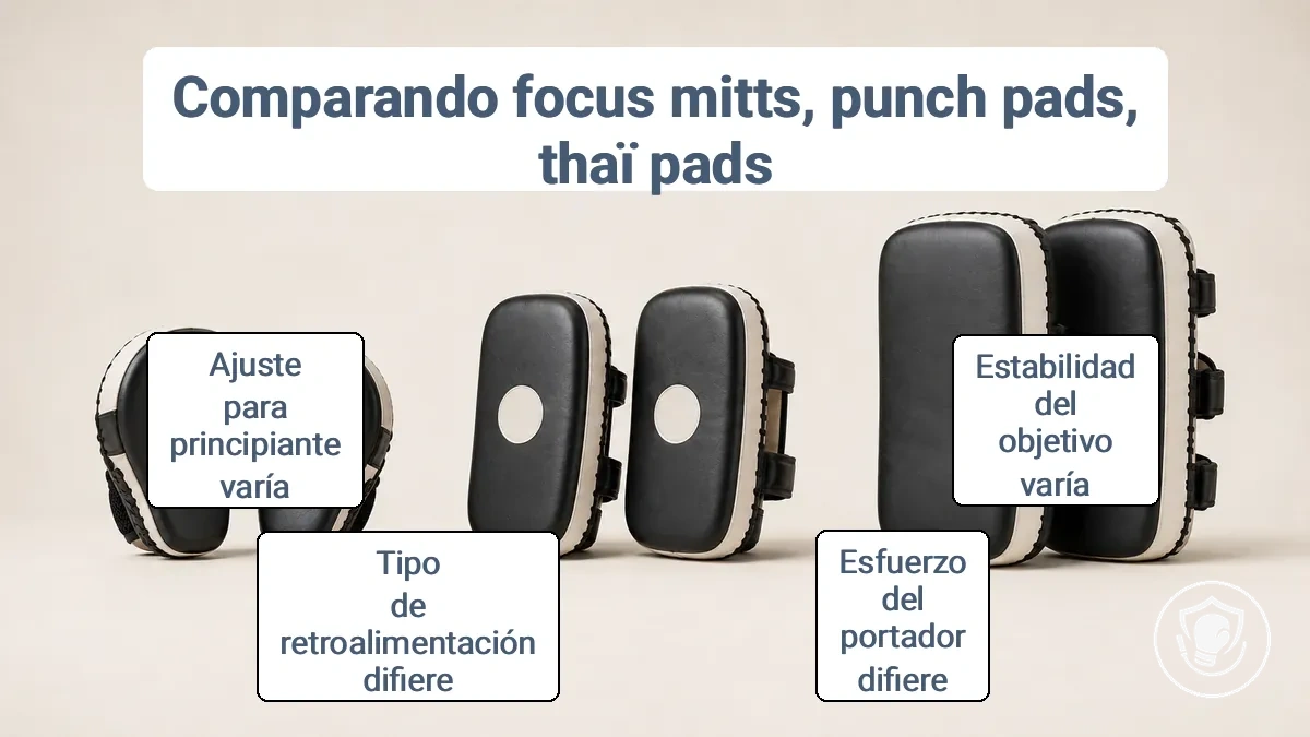 Comparación de guantes de foco, paletas de boxeo y paos tailandeses para entrenamiento de boxeo en casa, destacando diferencias en tamaño y acolchado.