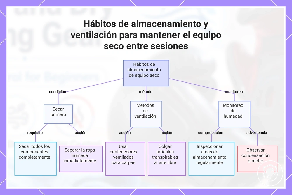 Hábitos de almacenamiento y ventilación para mantener el equipo seco entre sesiones