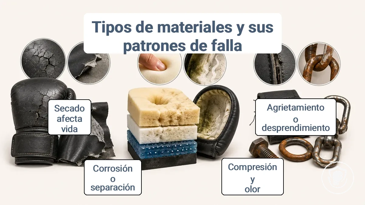 Comparación de familias de materiales en equipo de boxeo para principiantes: superficie exterior, acolchado interno y herraje con patrones de fallo típicos