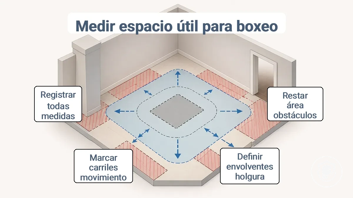 Diagrama de la superficie utilizable, el espacio libre y los carriles de movimiento para un montaje de boxeo en casa en espacios pequeños