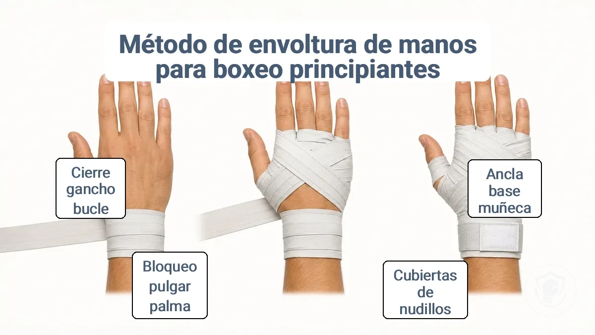 Diagrama que muestra las cinco etapas del vendaje: base de muñeca, capas de nudillos, pasadas por los dedos, bloqueo de pulgar y palma, y cierre.