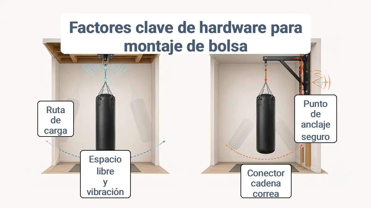 Diagrama que muestra la ruta de carga desde el saco colgado a través del conector hasta el montaje en techo o pared y por qué importan el espacio libre y la vibración.