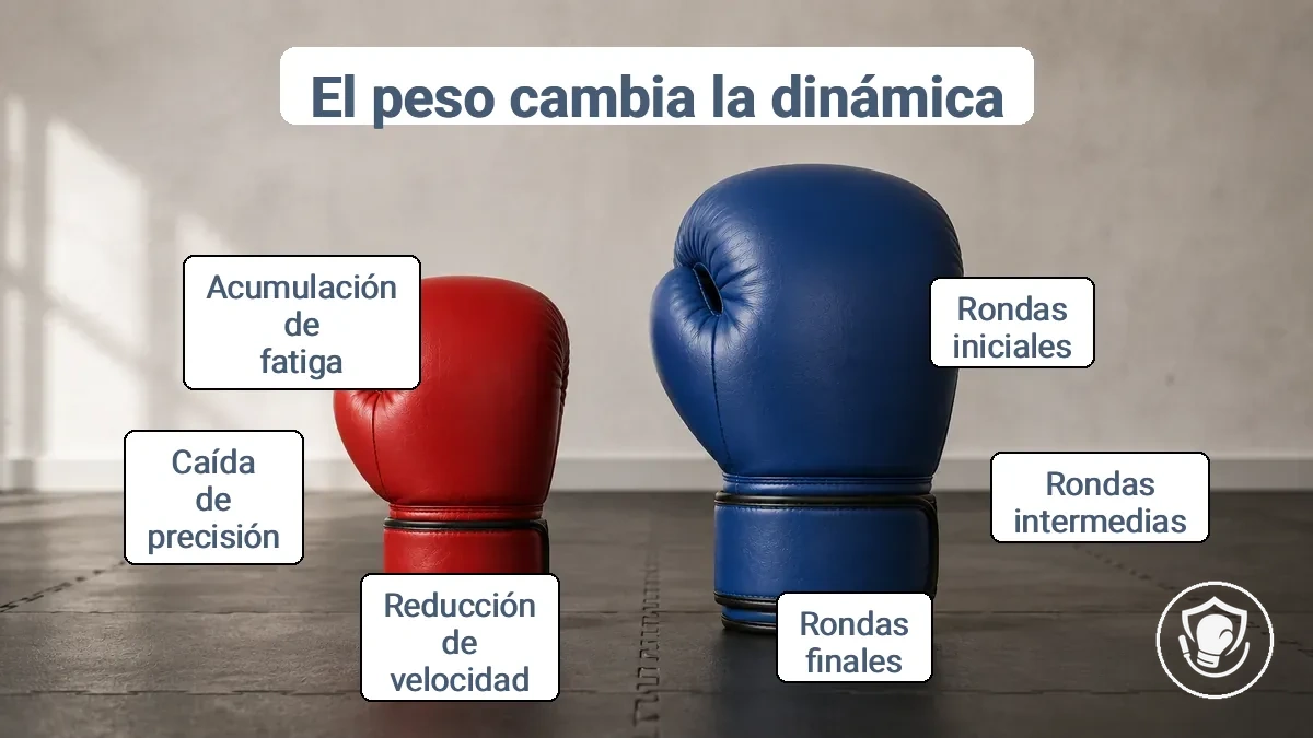 Guantes de boxeo de diferentes pesos en el suelo de un gimnasio, que ilustran cómo el peso adicional afecta la velocidad y la fatiga a lo largo de los asaltos