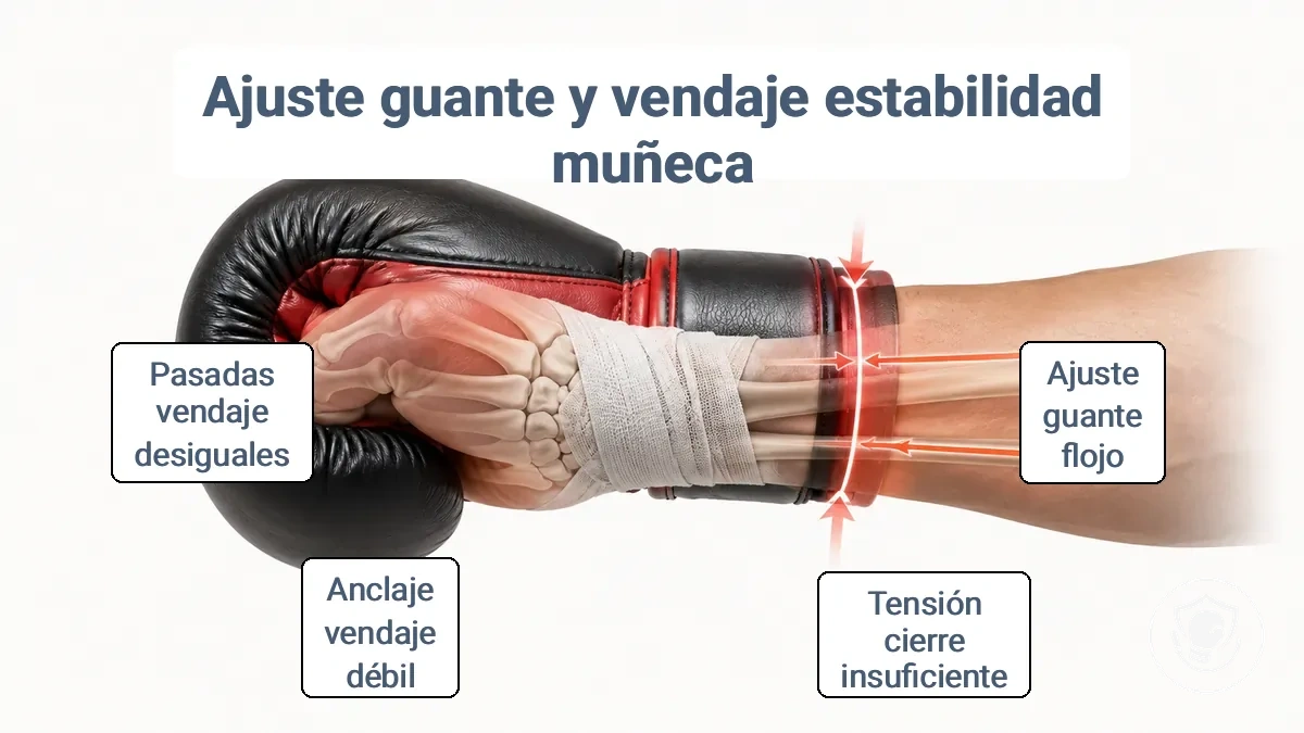 Puño del guante de boxeo y puntos de anclaje de las vendas de mano que ilustran la posición adecuada para la estabilidad de la muñeca