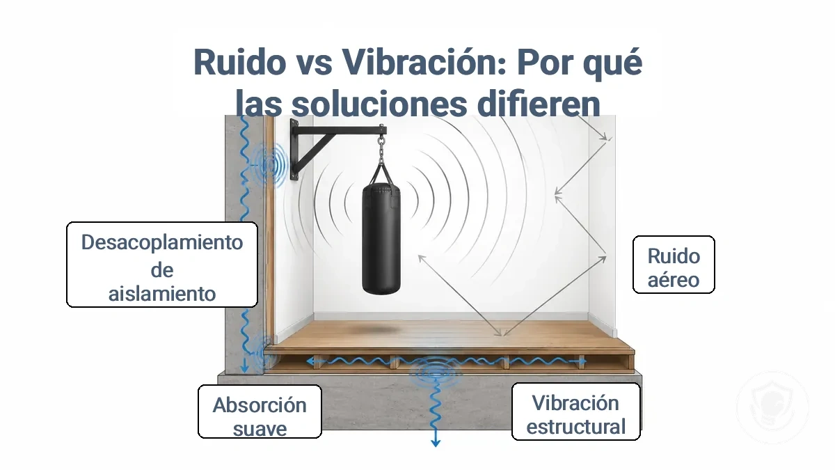 Diagrama que compara la transmisión de ruido aéreo (eco/golpeteo) con la transmisión de vibración estructural (retumbo/sacudida) en un montaje de saco de boxeo en casa, que muestra la pared, el suelo y el punto de montaje.