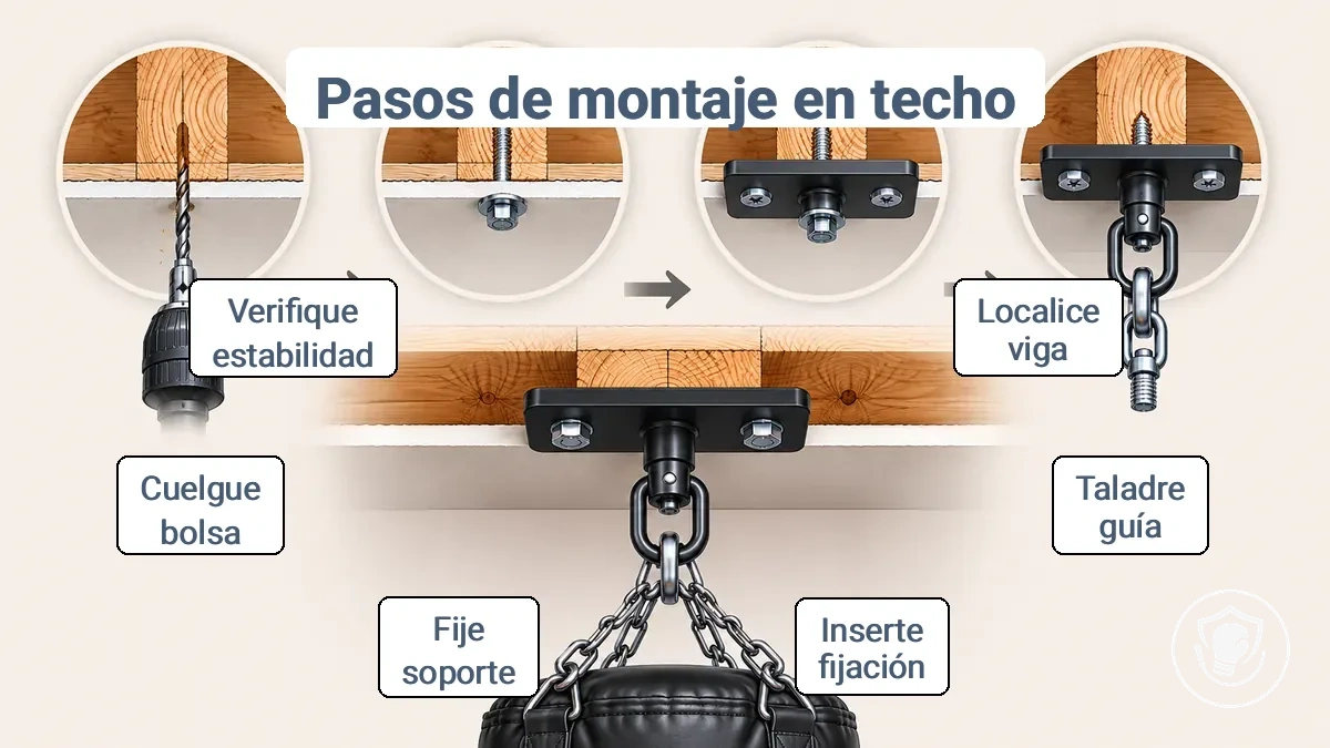 Diagrama que muestra los pasos de instalación del montaje en techo: marcar el larguero, perforar el agujero piloto, fijar la placa, colocar la cadena y el giratorio para un saco de boxeo.