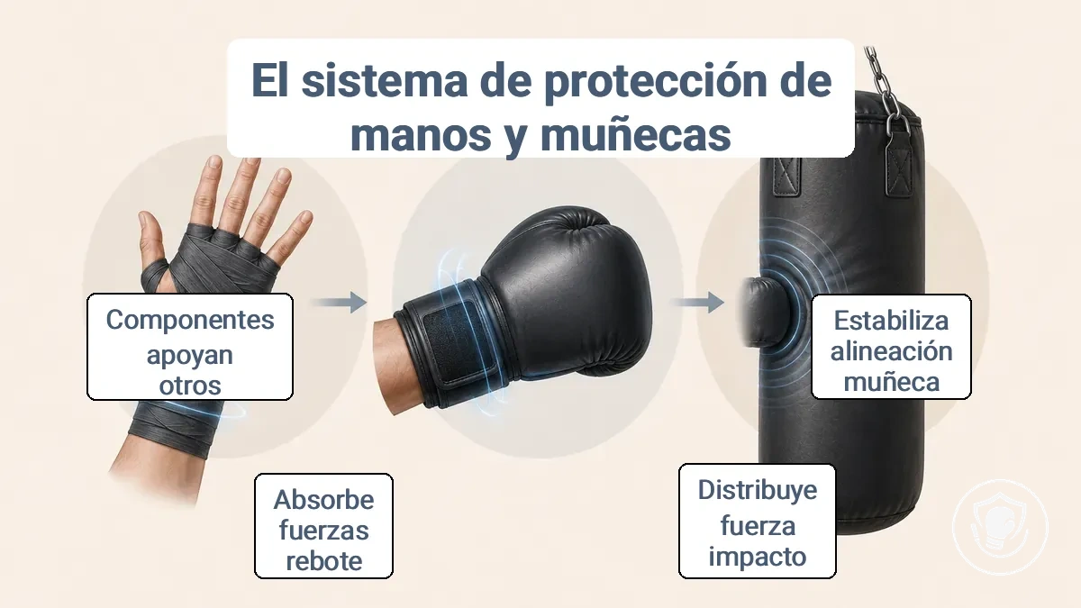 Diagrama etiquetado del conjunto de protección de tres capas que muestra las vendas dentro del guante, el cierre y puño del guante, y la superficie de impacto