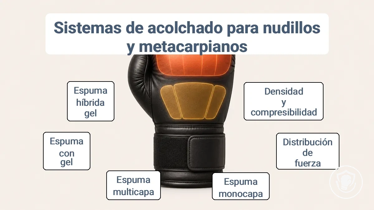 Diagrama de las zonas de acolchado de un guante de boxeo que muestra el área de los nudillos, el acolchado del dorso de la mano y la distribución del impacto.