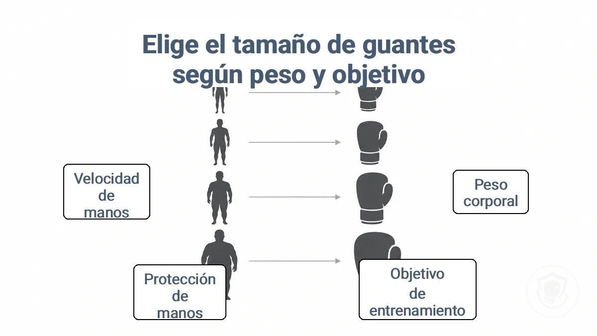 Tabla de tallas de guantes de boxeo para principiantes que muestra rangos iniciales de onzas según la banda de peso corporal y el objetivo de entrenamiento.