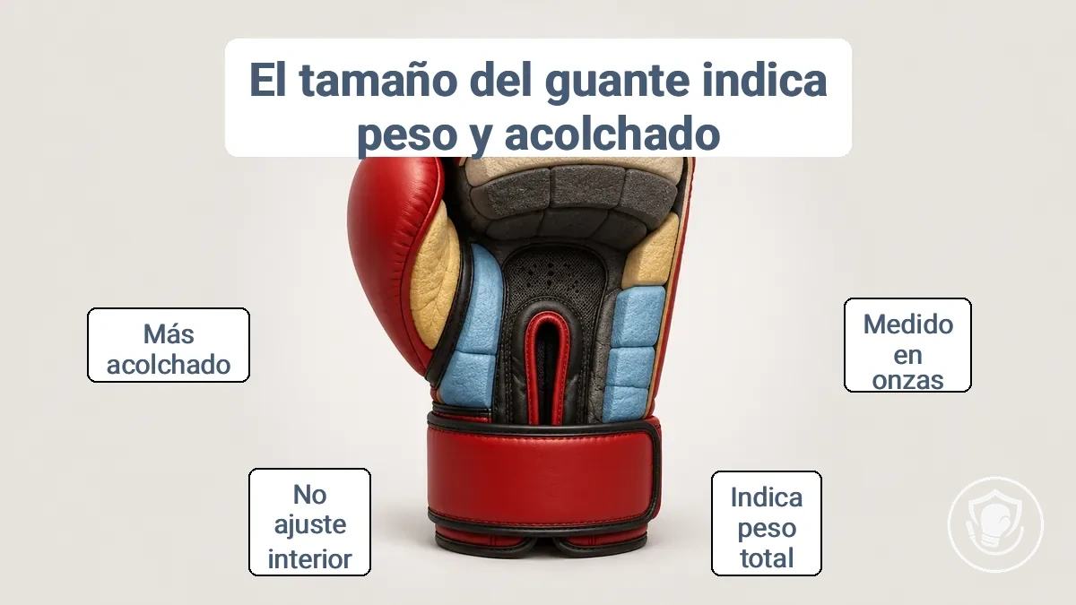 Guante de boxeo que muestra la medición del peso en onzas y la distribución interna del acolchado