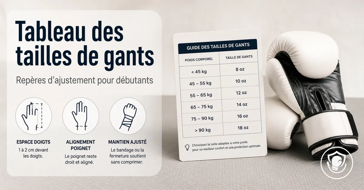 Tableau de tailles de gants et repères d’ajustement pour débuter la boxe à la maison