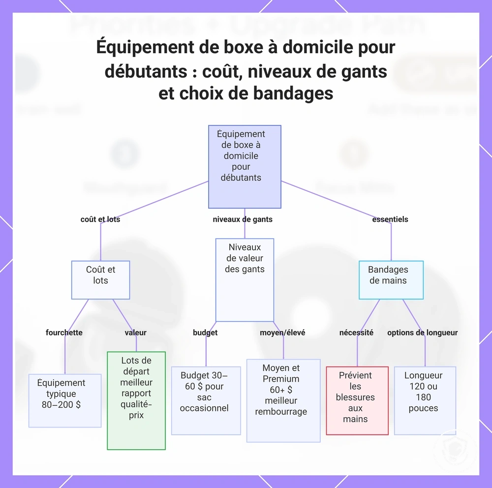 Équipement de boxe à domicile pour débutants : coût, niveaux de gants et choix de bandages
