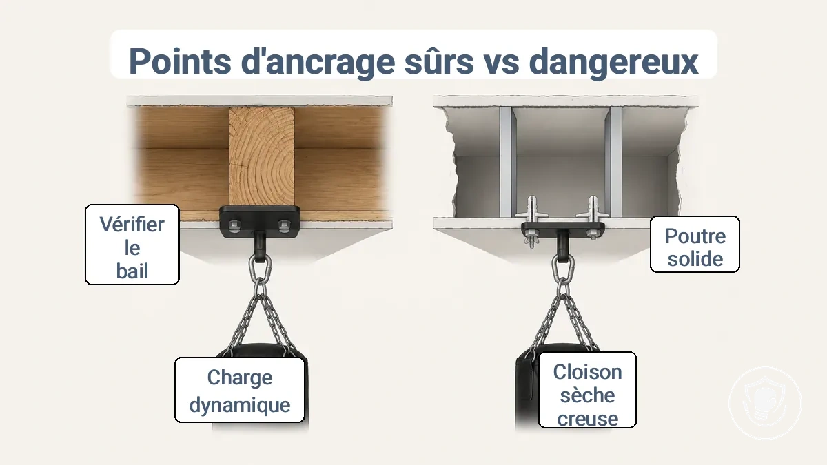 Schéma comparant les points d ancrage sûrs dans une poutre et un montant par rapport aux zones dangereuses en cloison sèche pour la fixation d un sac de frappe