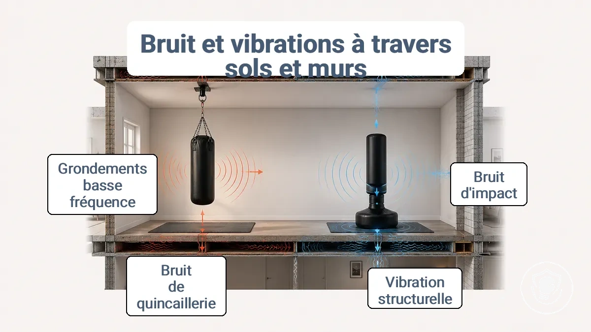 Diagramme montrant les chemins de transfert du bruit et des vibrations pour un sac suspendu et un sac sur pied dans un appartement.