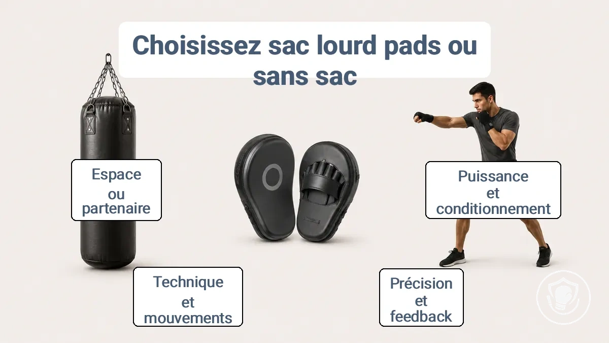 Sac de frappe, pattes d ours et entraînement sans sac côte à côte