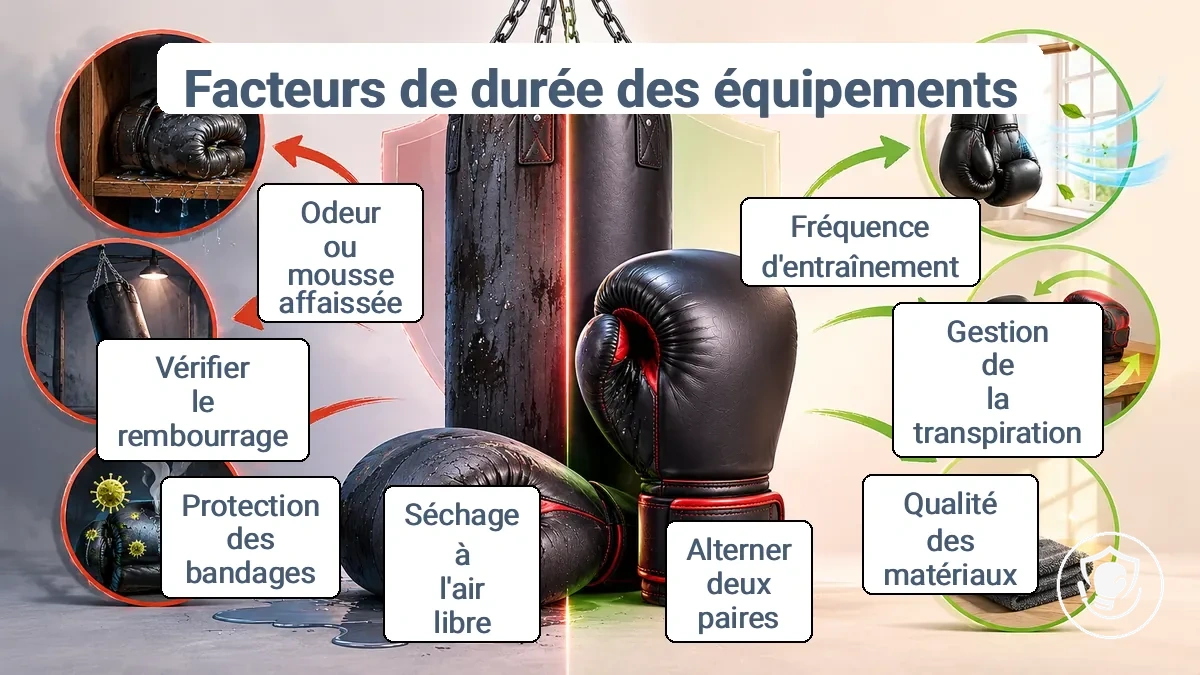 Infographie des fourchettes de durée de vie de l équipement de boxe débutant montrant les facteurs qui raccourcissent ou prolongent la durabilité