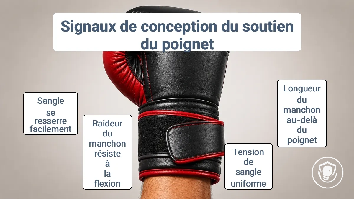 Manchette et sangle de gant de boxe annotées montrant les signaux de conception du soutien du poignet pour débutants.