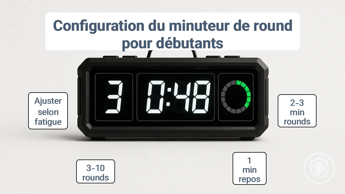 Configuration du chronomètre de round de boxe affichant le numéro du round, le temps restant et l’indicateur de repos pour l’entraînement des débutants