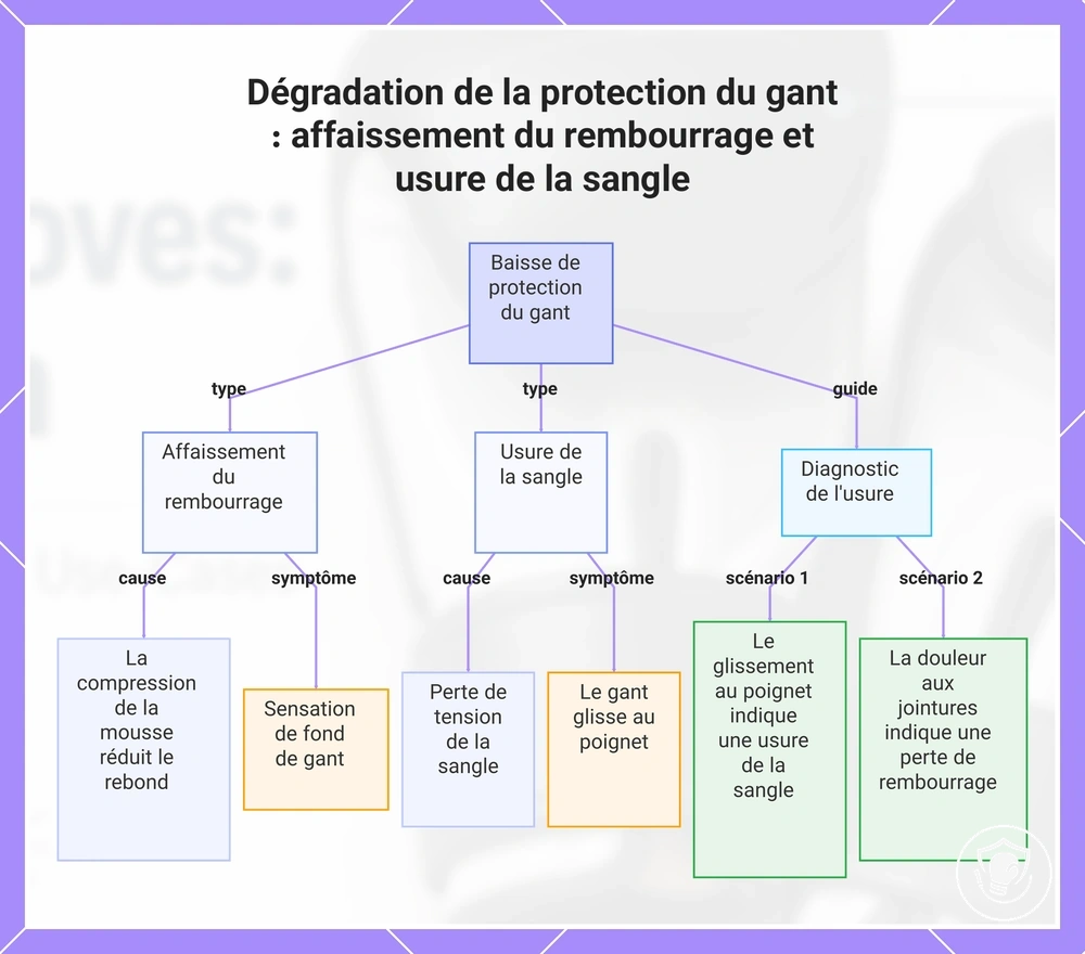 Dégradation de la protection du gant : affaissement du rembourrage et usure de la sangle