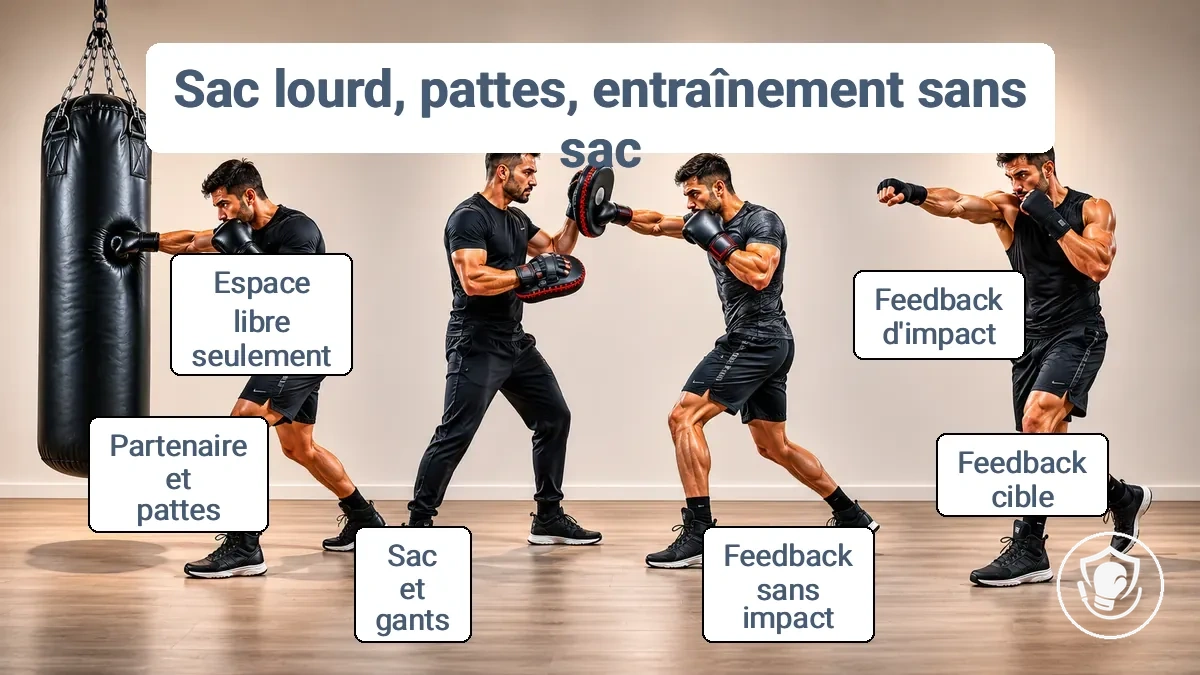 Schéma comparant les retours et les exigences entre sac de frappe, pattes d'ours et entraînement sans sac