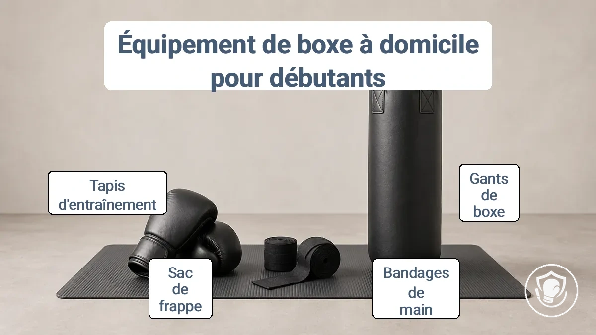 Gants de boxe, bandages de mains et sac de frappe disposés sur un tapis d entraînement - équipement de boxe à la maison de base pour débutants