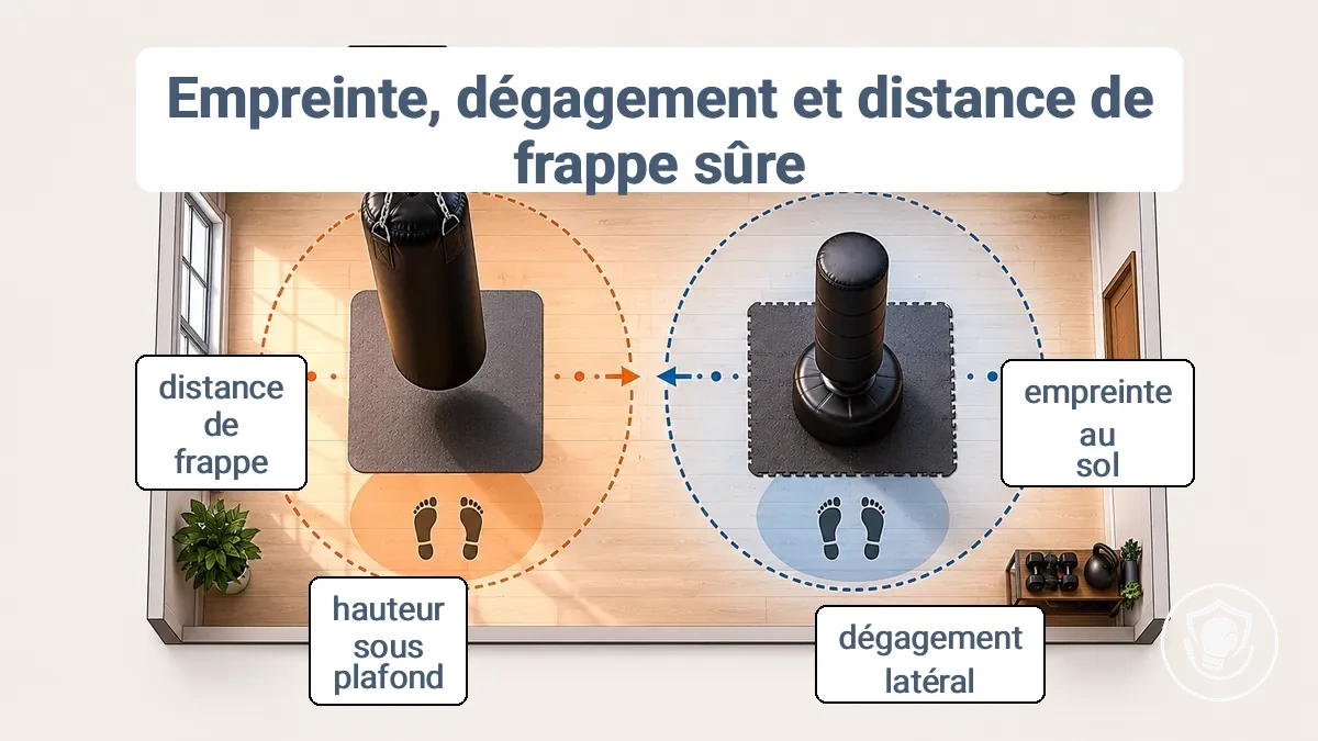 Plan de pièce annoté montrant l empreinte au sol et les zones de dégagement pour un sac suspendu ou sur pied, ainsi que la distance de frappe sécurisée.
