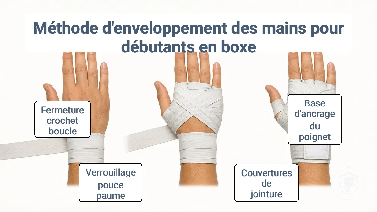 Diagramme montrant les cinq étapes du bandage : base du poignet, couches des jointures, passages entre les doigts, verrouillage pouce/paume et fermeture.