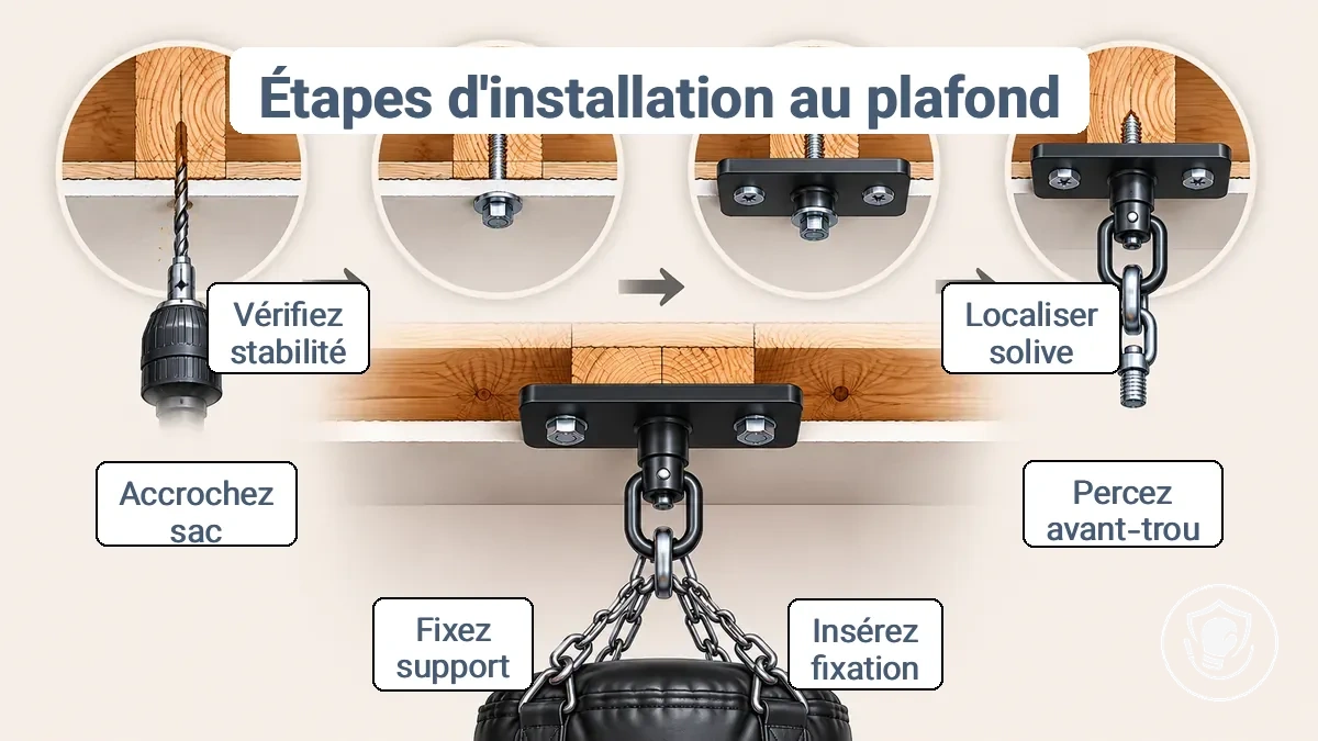 Schéma montrant les étapes d installation au plafond : repérage de la solive, perçage du trou pilote, mise en place de la plaque, fixation de la chaîne et de la rotule pour un sac de boxe.
