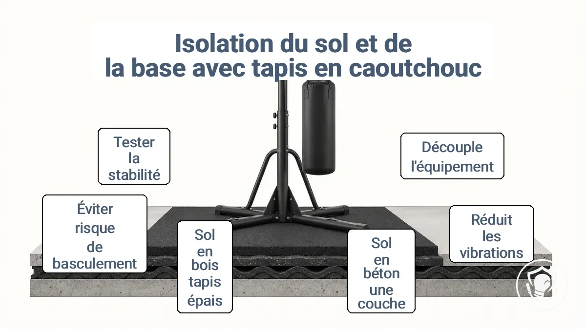 Tapis anti-vibrations en caoutchouc placés sous la base d un équipement de boxe pour réduire les vibrations du sol