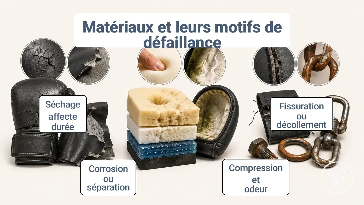 Comparaison des familles de matériaux dans l équipement de boxe débutant : surface extérieure, rembourrage interne et quincaillerie avec schémas de défaillance typiques