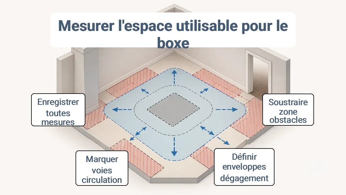 Diagramme de la surface utile, de l enveloppe de dégagement et des couloirs de circulation pour une installation de boxe à la maison dans un petit espace