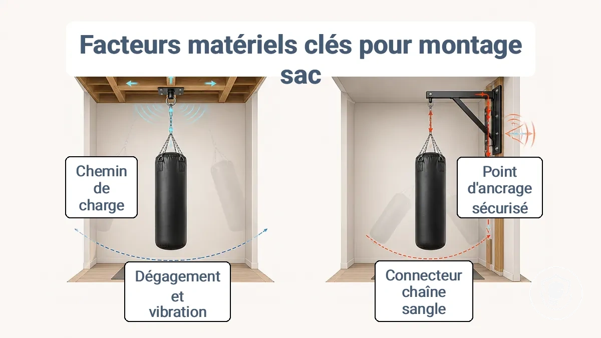 Diagramme montrant le chemin de charge du sac de boxe suspendu à travers le connecteur jusqu au support de plafond ou de mur et pourquoi le dégagement et les vibrations sont importants.
