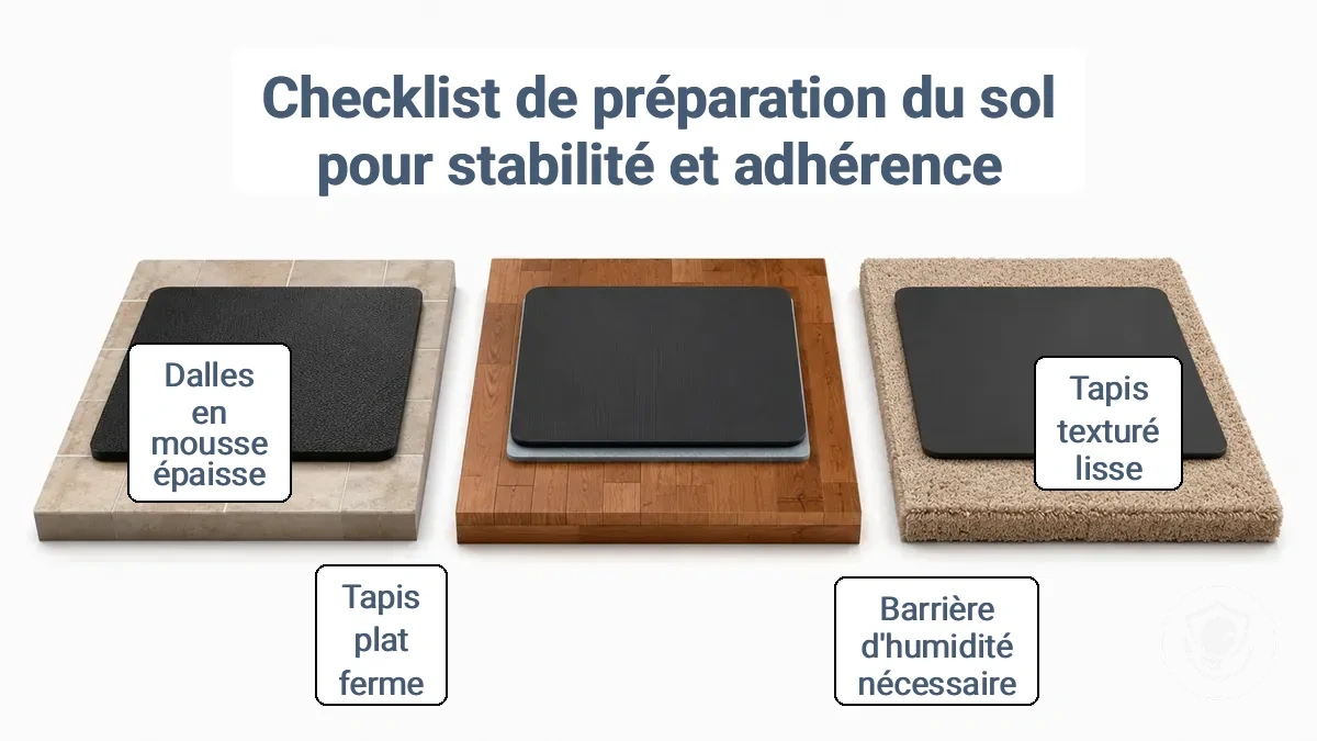 Comparaison des surfaces en carrelage, bois et moquette avec un tapis de gym superposé montrant les différences d adhérence et de protection