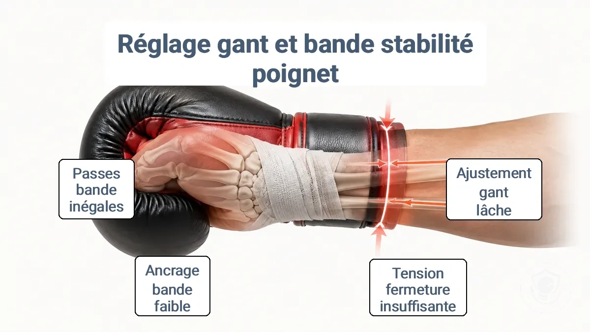 Manchette de gant de boxe et points dancrage des bandes illustrant le positionnement correct pour la stabilité du poignet