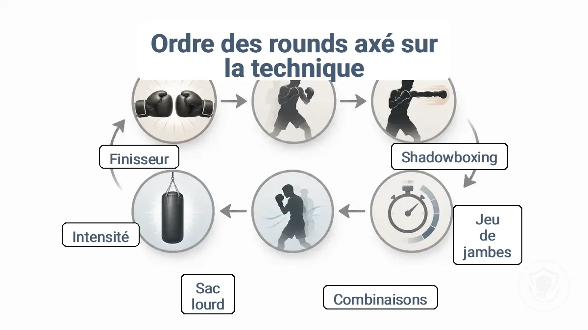 Diagramme du déroulement des rounds, de l’échauffement au retour au calme, avec options de substitution pour les configurations sans équipement et avec sac de frappe