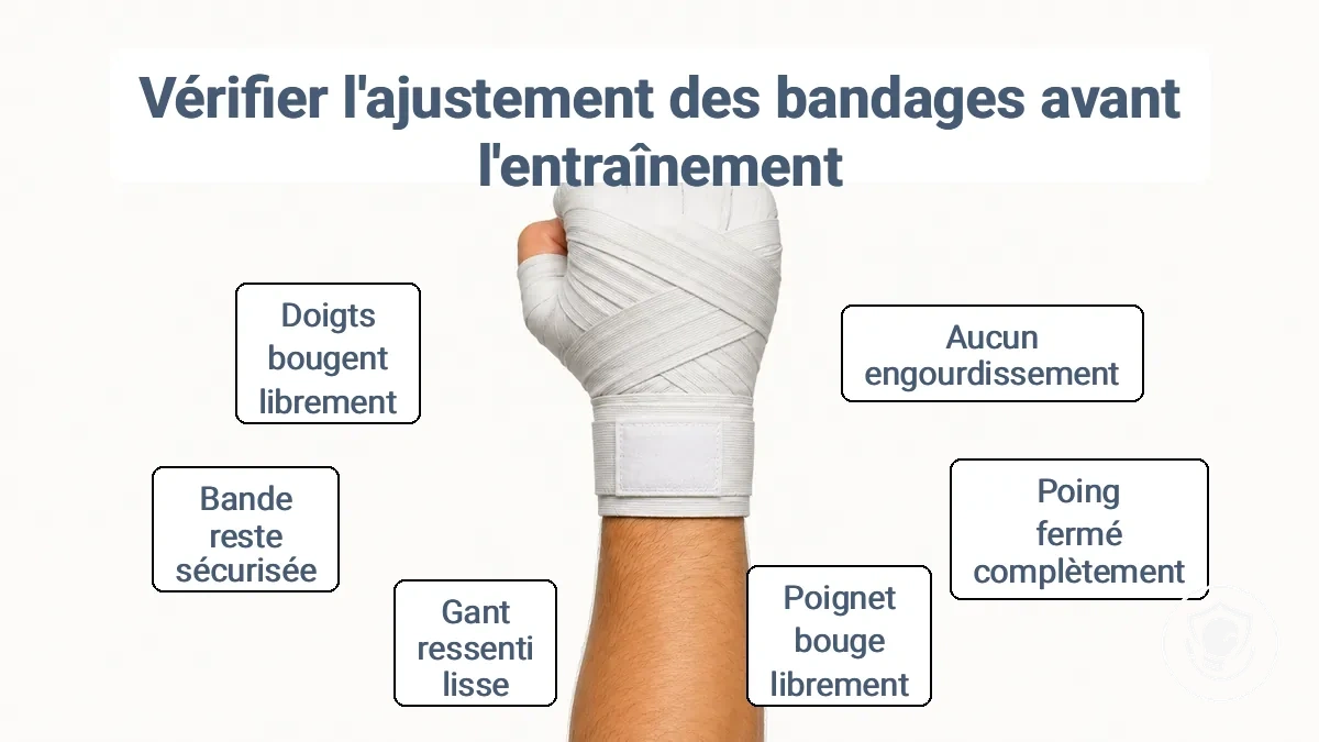 Main gantée serrant le poing avec le poignet droit et les extrémités de la bande à plat, montrant un ajustement correct