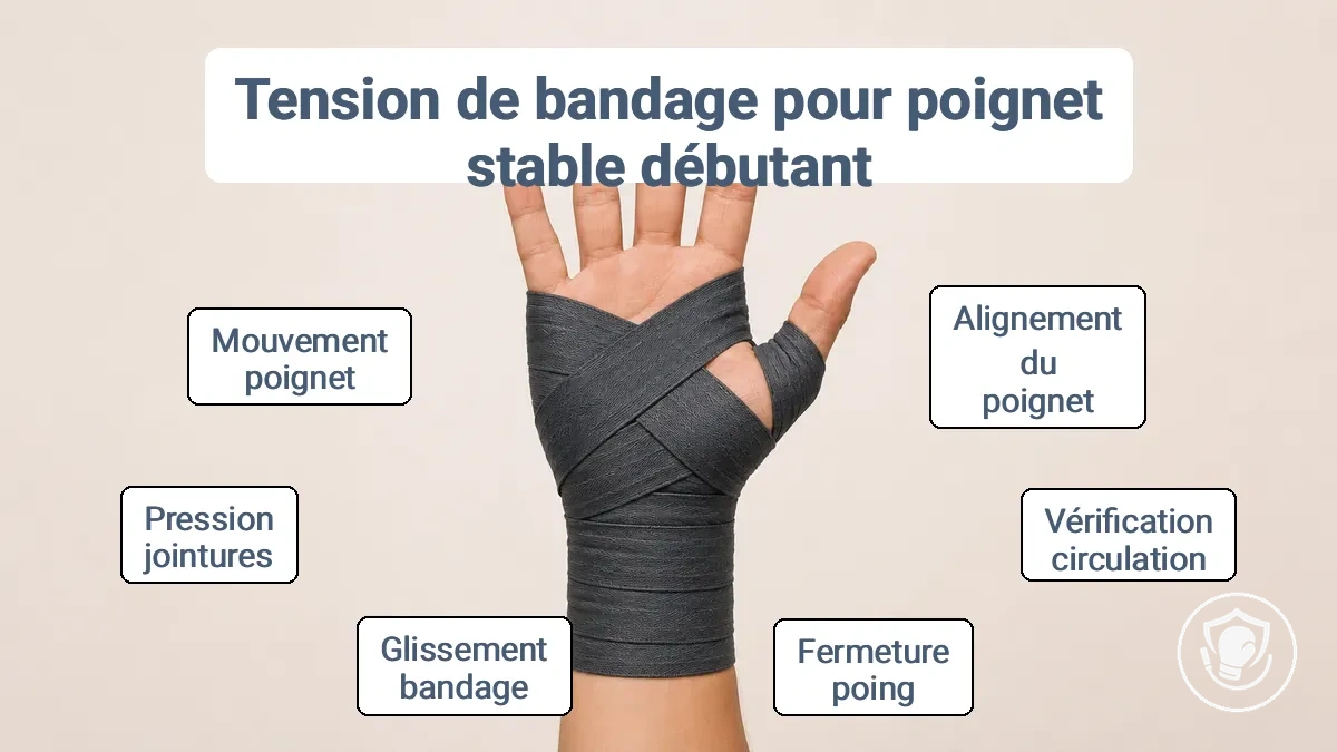 Diagramme des zones de couverture correctes des bandes sur le poignet et les jointures avec des indications pour les conditions trop serrées et trop lâches