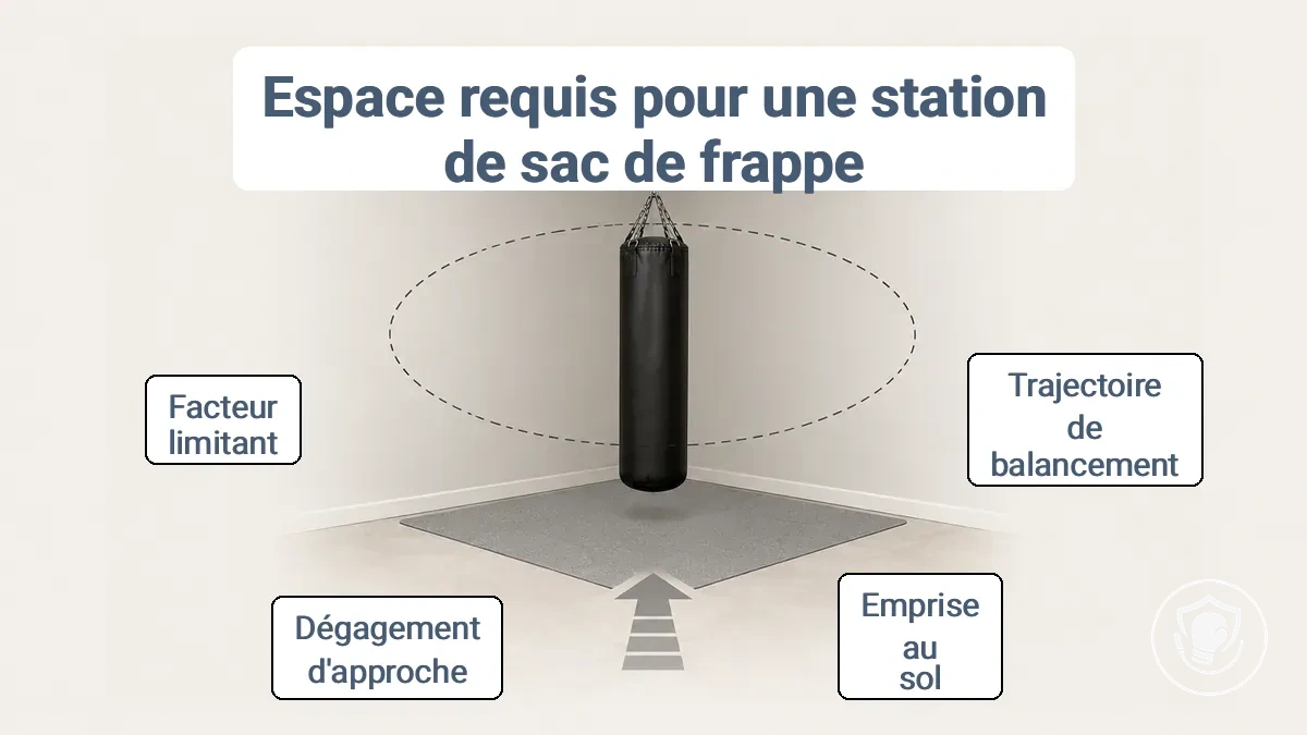 Diagramme des mesures d espace pour un poste de sac lourd incluant l empreinte au sol, le rayon d oscillation et le dégagement d approche