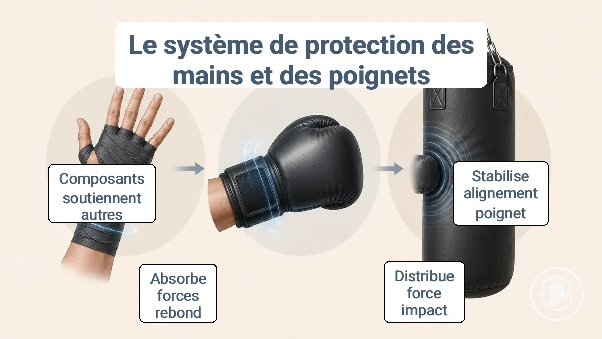 Diagramme légendé de la superposition de protection à trois couches montrant les bandes à l'intérieur du gant, la fermeture et la manchette du gant, et la surface d'impact
