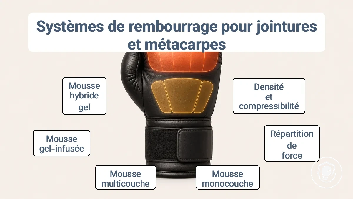 Diagramme des zones de rembourrage d'un gant de boxe montrant la zone des articulations, le rembourrage du dos de la main et la répartition de l'impact.