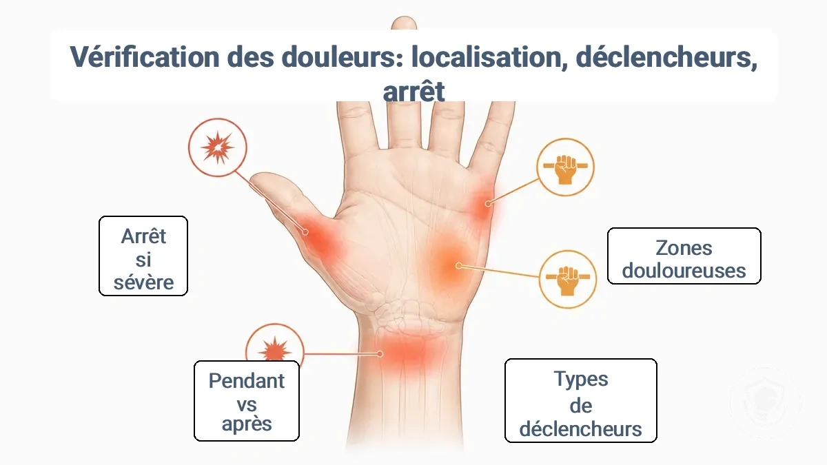 Diagramme annoté de la main et du poignet montrant les zones de localisation de la douleur et les types de déclencheurs courants