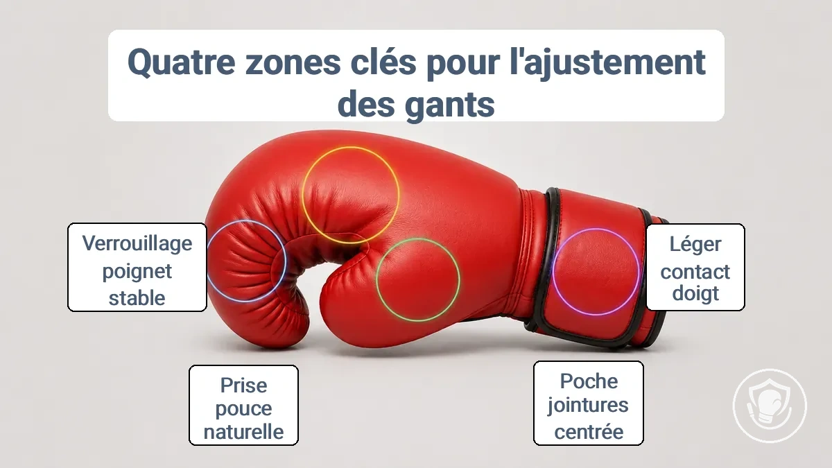 Zones de vérification d'ajustement d'un gant de boxe annotées : doigts, jointures, position du pouce et verrouillage du poignet.