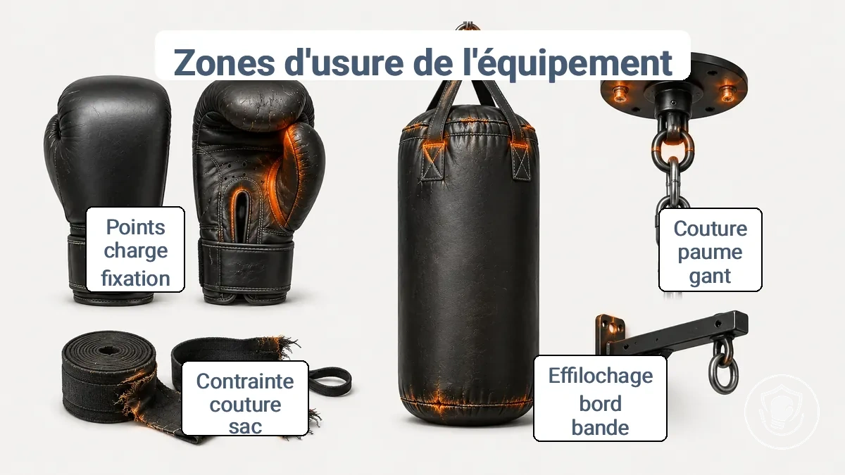 Schéma étiqueté des zones d usure courantes sur les gants de boxe débutants, bandages, sac de frappe et quincaillerie de montage