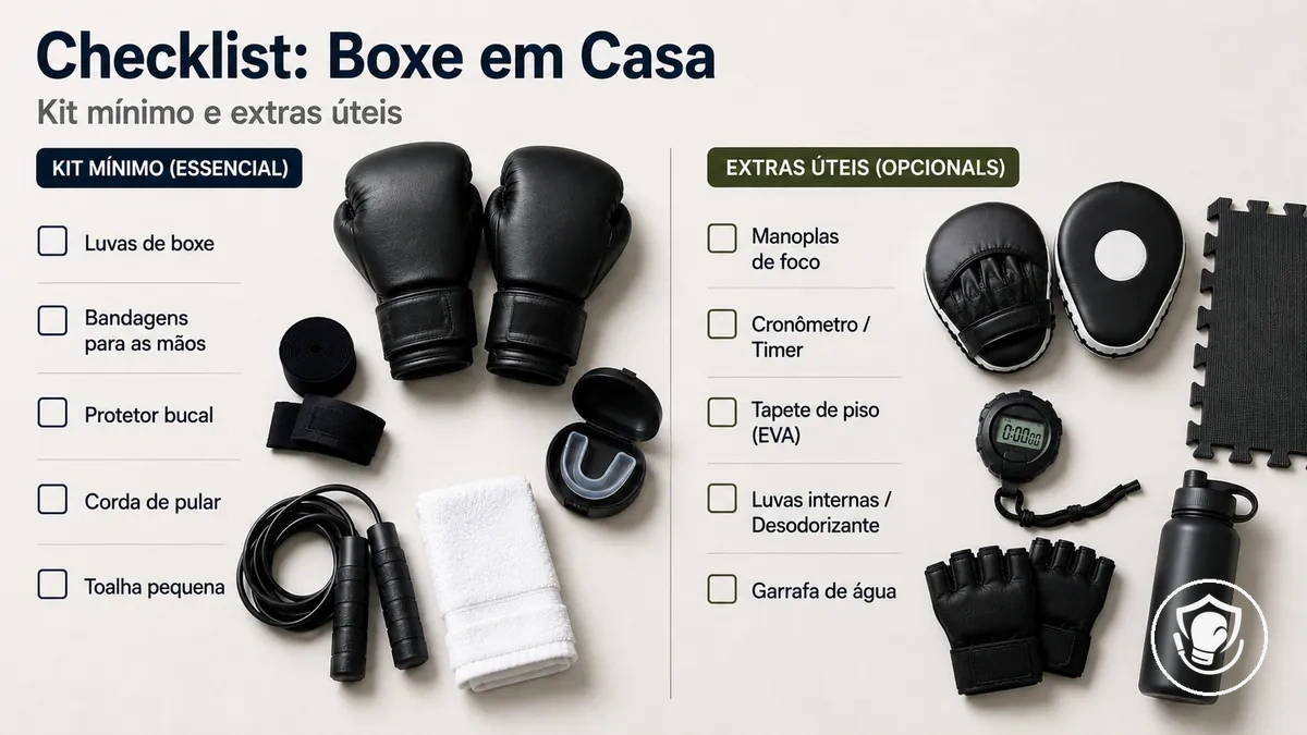 Checklist com o essencial de boxe em casa para iniciantes e extras opcionais