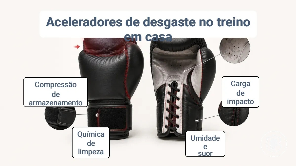 Diagrama mostrando pontos de pressão que aceleram o desgaste em luvas de boxe caseiras: áreas do forro propensas a suor, fechos, costuras de alto atrito e zonas de amassamento no armazenamento