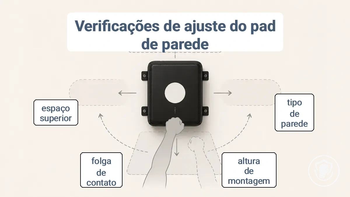 Exemplo anotado de altura de almofada de parede para socos e zona de contato segura em montagem de boxe em casa em espaço pequeno